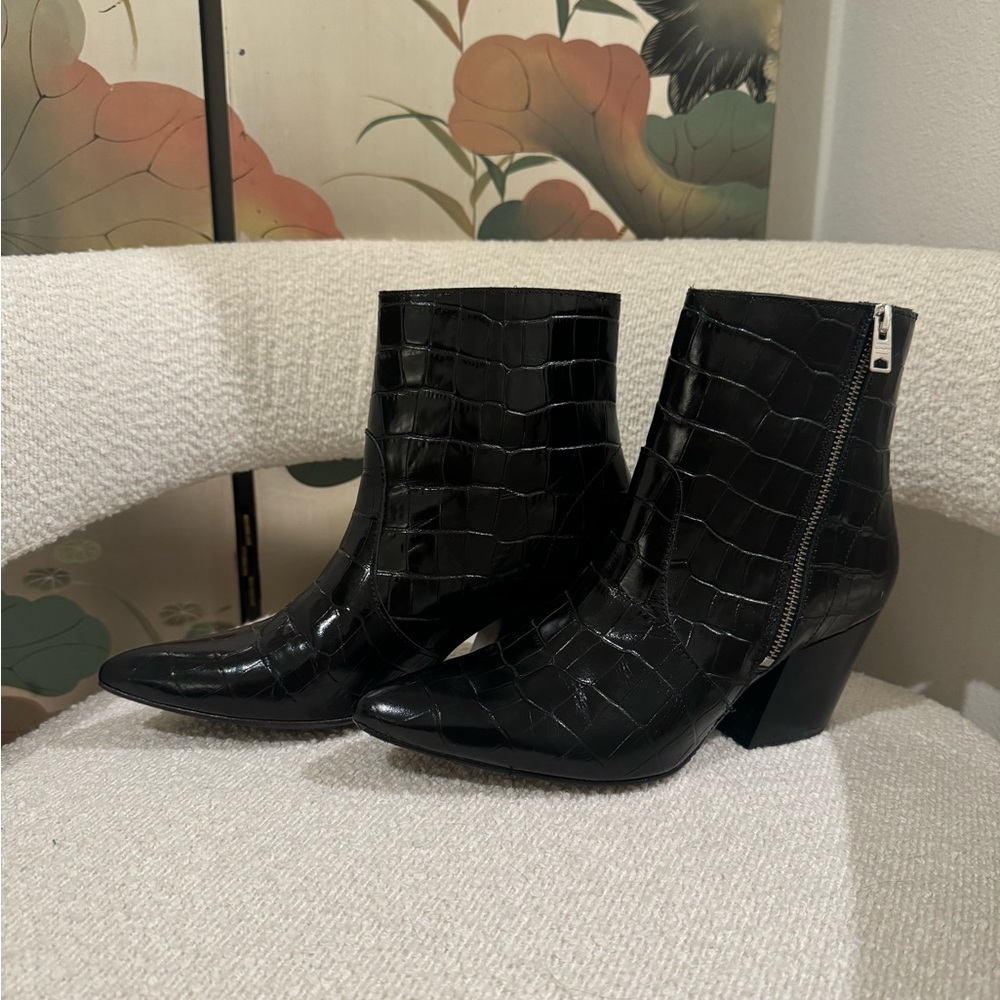 All Saints Black Croc-Embossed Genuine Patent Leather Ankle Boots